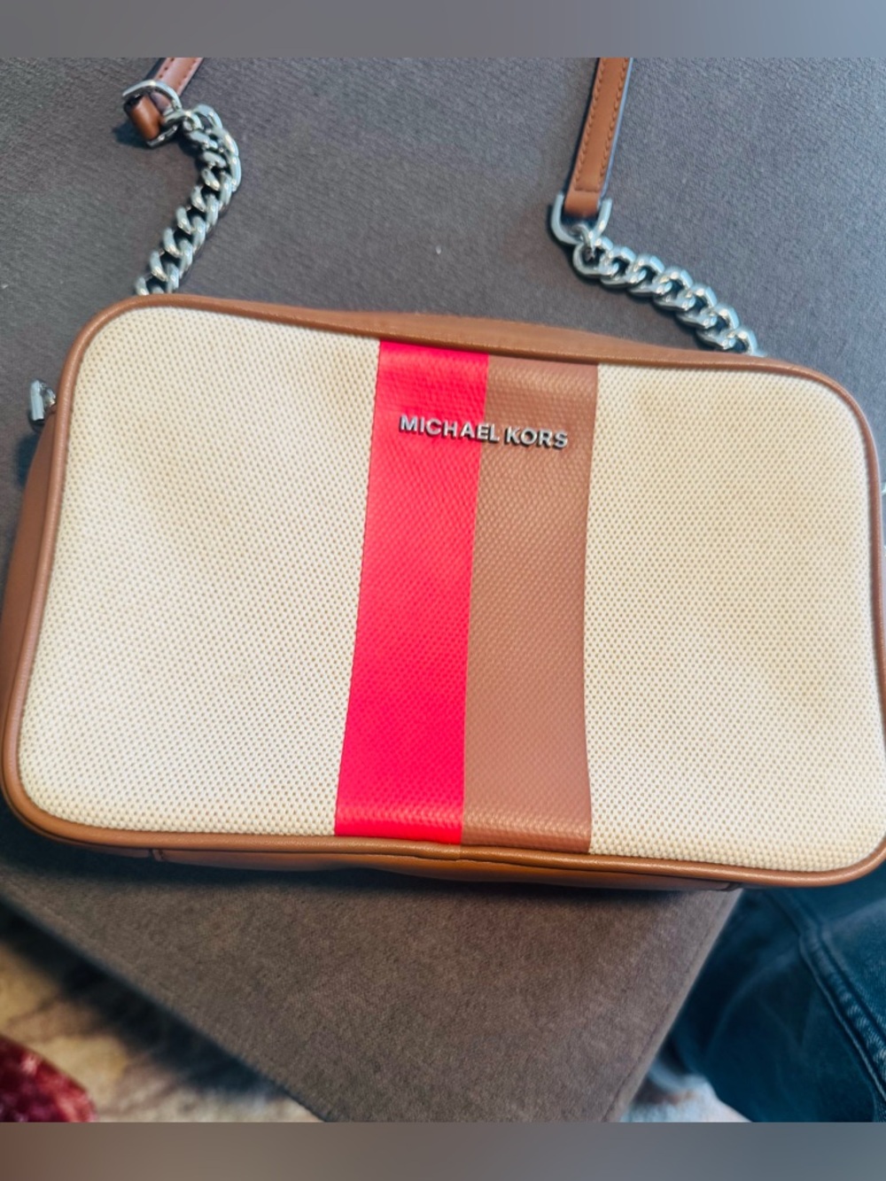 Michael Kors Beige Crossbody Bag with Pink & Tan Stripe